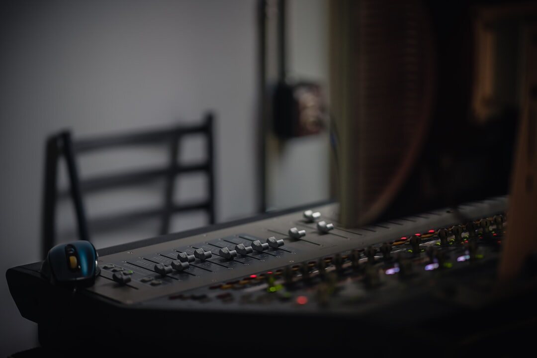 Broadcast control room with multiple video monitors