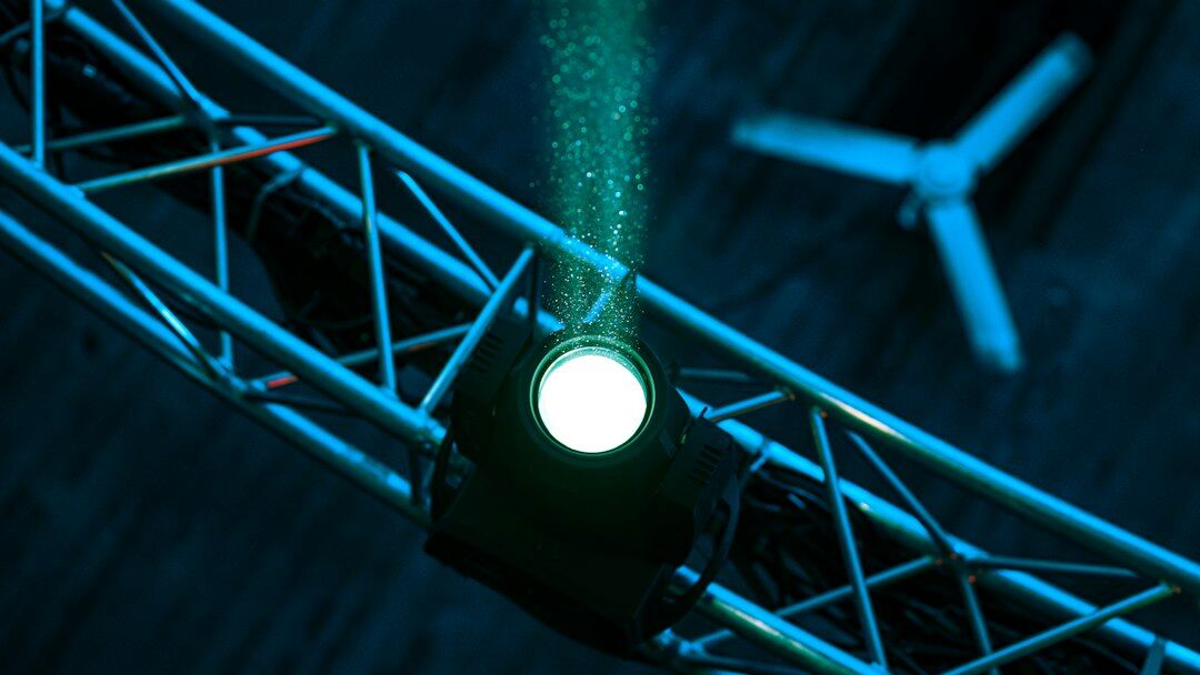 Stage lighting rig with coloured spotlights